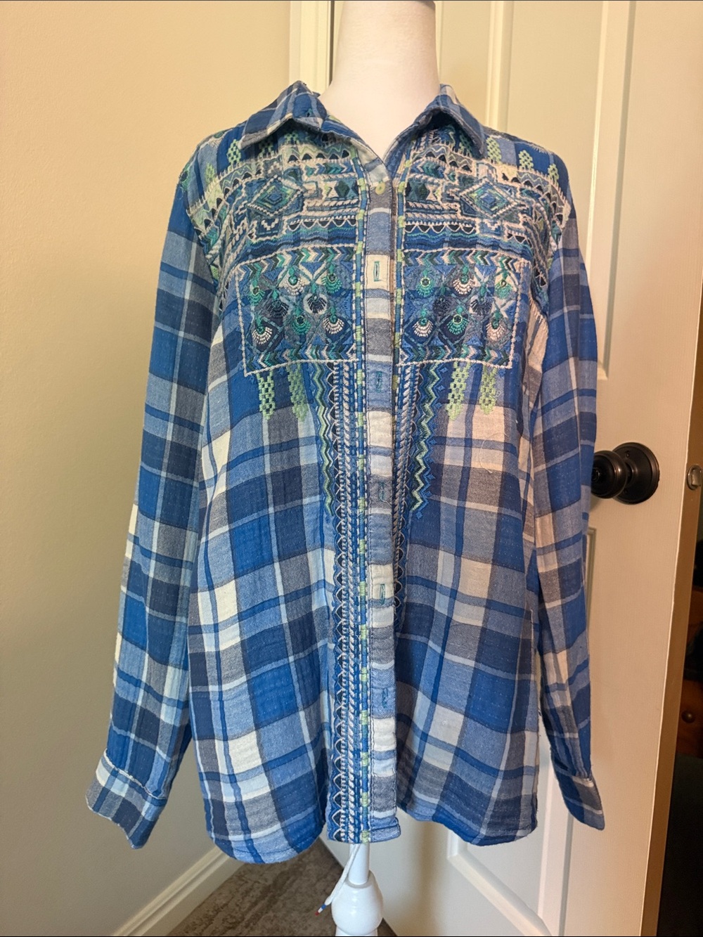 Johnny Was Blue Plaid Button-Down Shirt with Green Embroidery